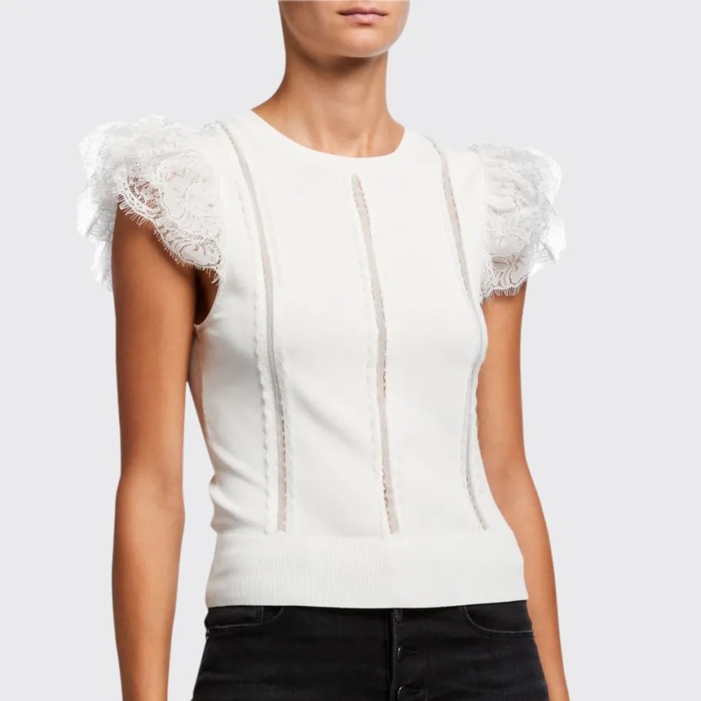 ALICE + OLIVIA Rosio Lace Combo Crewneck Cap-Sleeve Sweater Size XS